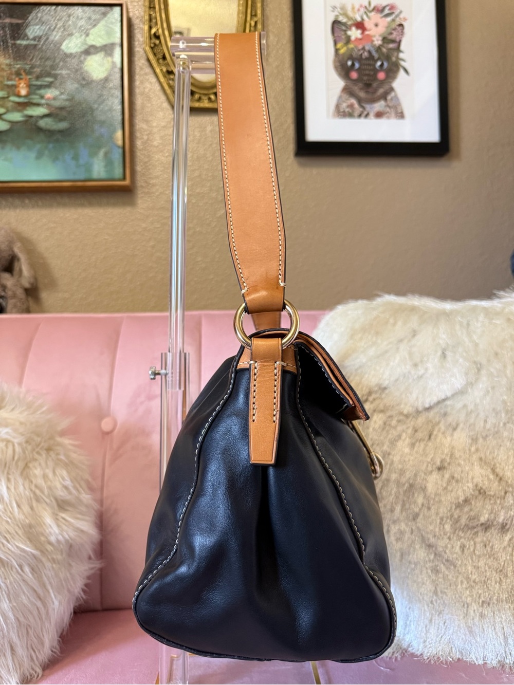 💯Auth! Dooney & Bourke Black & Brown Florentine Leather LIBBY Shoulder Bag - Picture 5 of 15